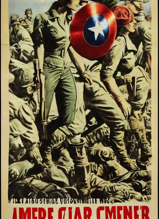 Image similar to female captain america standing on a pile of defeated german soldiers. wwii american propaganda poster by james gurney