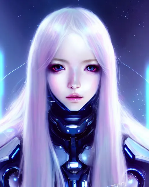 Image similar to perfect android girl family, full body character design, warframe armor, beautiful face, scifi, futuristic, galaxy, nebula, bae suzy, dreamy, long white hair!!!, blue cyborg eyes, sharp focus, cinematic lighting, highly detailed, artstation, divine, by gauthier leblanc, kazuya takahashi, huifeng huang