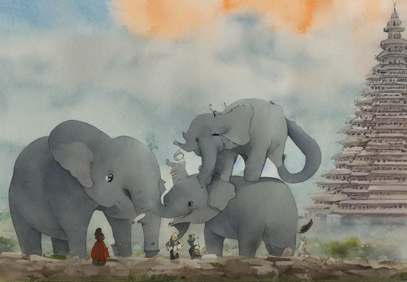 Image similar to a hyperrealist watercolor concept art from a studio ghibli film showing a giant grey dumbo the elephant. a temple is under construction in the background in india on a misty and starry night. by studio ghibli. very dull muted colors