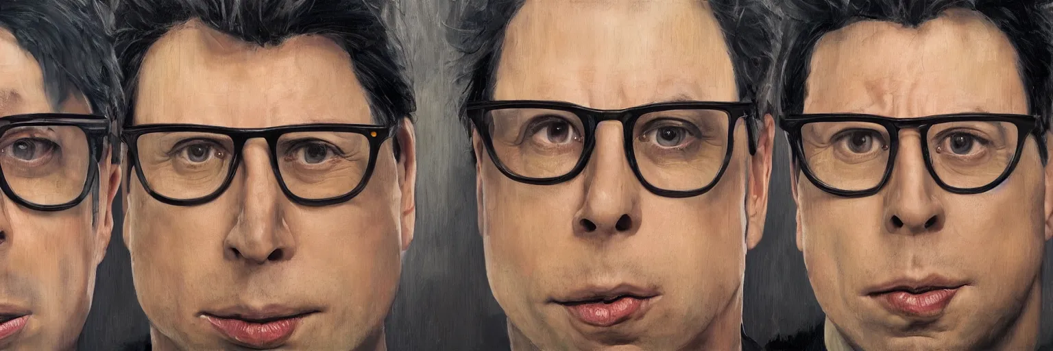 Prompt: colorful oil painting of character faces, realistic todd solondz and john travolta, glasses, disturbed, angry, character sheet, fine details, concept design, contrast, kim jung gi, pixar and da vinci, 8 k, emotional, face turnaround 3 6 0, front view, back view, side view, ultra wide angle