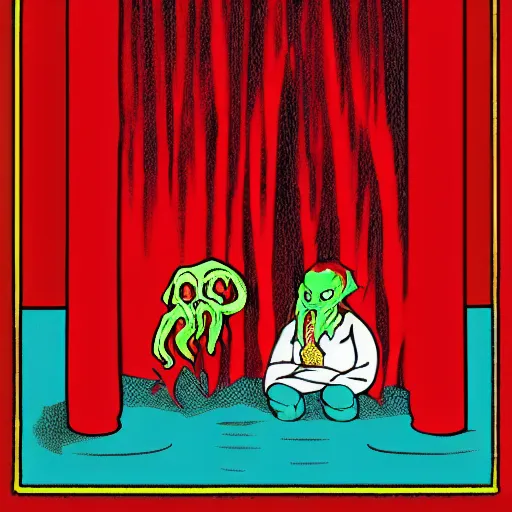 Image similar to Cthulhu lost inside the red room from Twin Peaks while David Lynch laughs in the background, mike judge art style, 90s mtv illustration W- 1920