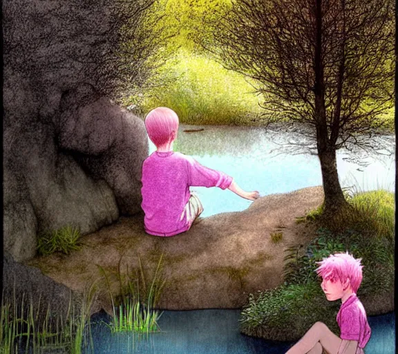 Prompt: pink haired boy backlit staring at black haired boy from across a pond, by alan lee, muted colors, springtime, colorful flowers & foliage in full bloom, sunlight filtering through trees & skin, digital art, art station cfg _ scale 9