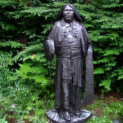 Prompt: metal sculpture of chief seattle