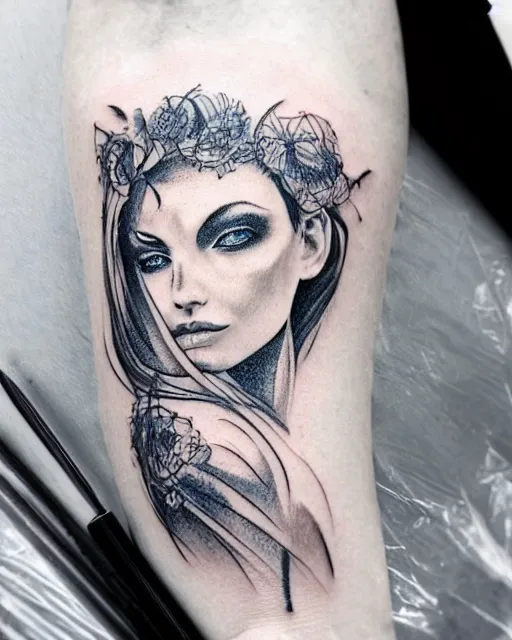 Image similar to tattoo design sketch of a beautiful blue - eyed woman face with a faded background of beautiful mountains on her side, hyper - realistic, in the style of den yakovlev, amazing detail, black and white