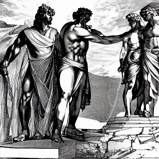 Prompt: hercules gives achilles the side - eye while they wait in line to worship at zeus's feet, throne of olympus, heavenly marble, gods and goddesses in elegant clothes