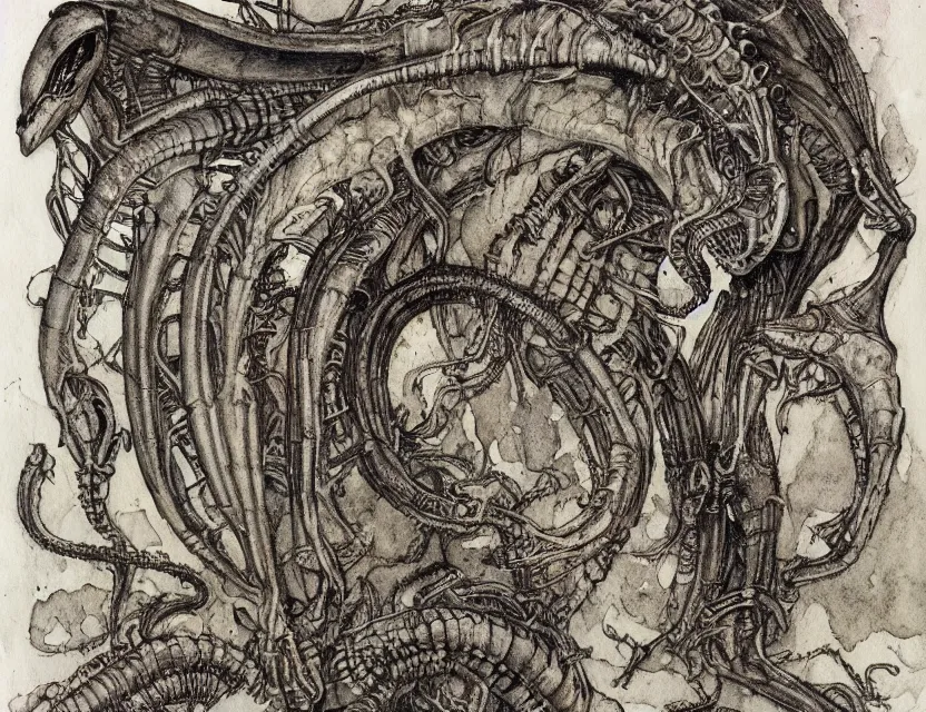 Image similar to a detailed, intricate watercolor and ink illustration with fine lines of h. r. giger's xenomorph, by arthur rackham and edmund dulac and lisbeth zwerger