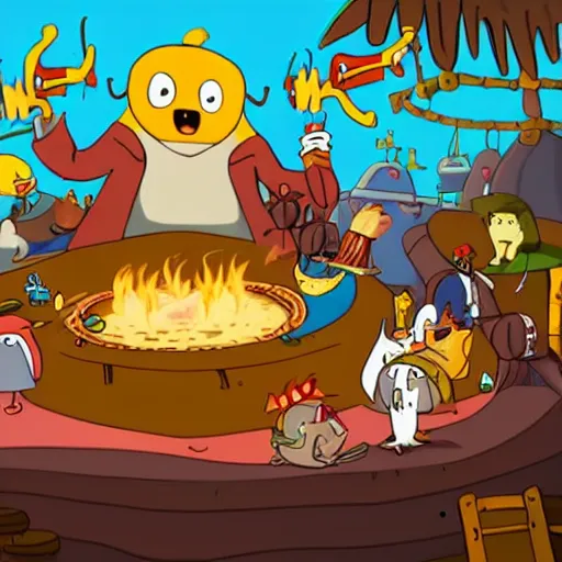 Image similar to The Pirate king dines on dragon hearts, surrounded by his court of puffins, who are cheering him on. A scene from adventure time. The feeling is Raucous and Joyful.