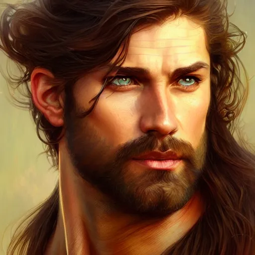 Image similar to Portrait of rugged male ranger, D&D, amber eyes, face, long hair, muscular, fantasy, intricate, elegant, highly detailed, digital painting, artstation, concept art, smooth, sharp focus, illustration, art by artgerm and greg rutkowski and alphonse mucha