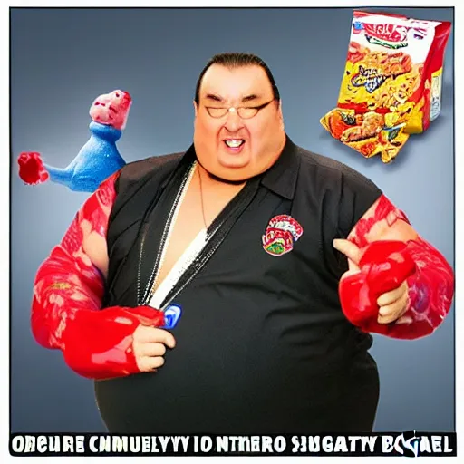 Prompt: obese steven seagal as sponsor of a sugary cereal called aikidos! with hideous cartoon rat mascot