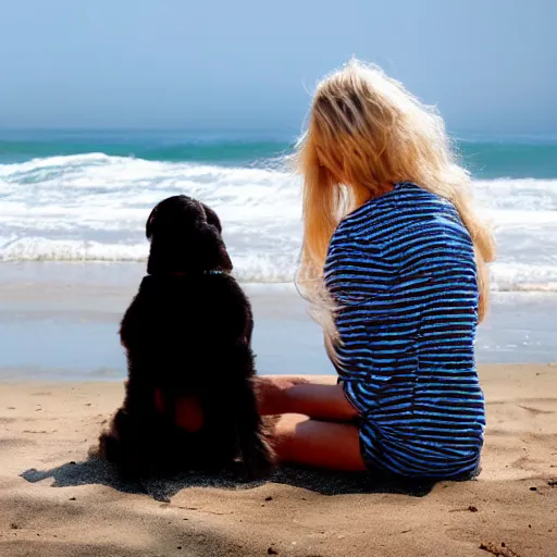 Image similar to blonde girl with a dog sitting by the beach