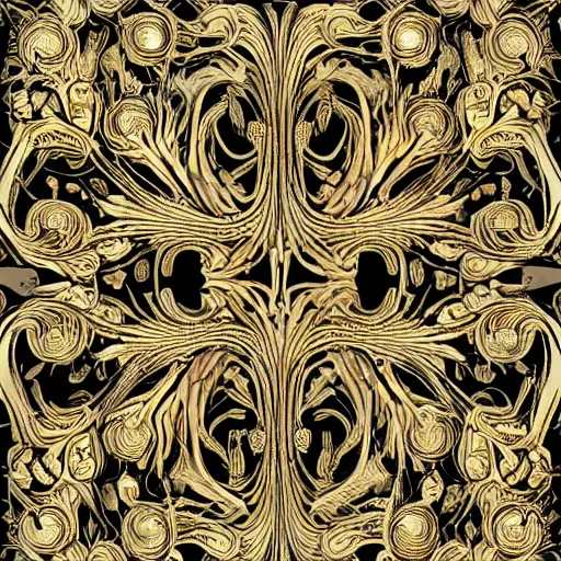 Image similar to a beautiful pattern made of ivory and gold, highly intricate, digital art, very detailed, in the style of a weird and dark eerie liminal art nouveau flemish painting, 8k,