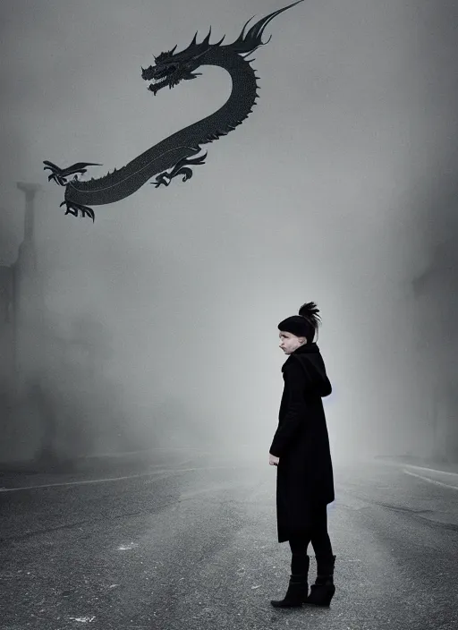 Image similar to the girl with the dragon tattoo wearing black coat, intricate photo, by beeple