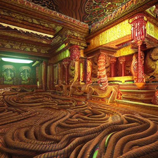 Image similar to Photorealistic inside a temple made of snakes. Hyperdetailed photorealism, 108 megapixels, amazing depth, glowing rich colors, powerful imagery, psychedelic Overtones, 4D, 3D Shading, 3D cinematic lighting, finalrender, artstation concept art