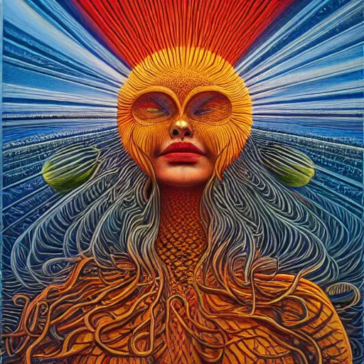 Image similar to THE QUEEN OF THE SUN by jacek yerka, alex gray, zdzisław beksiński, dariusz zawadzki, jeffrey smith and h.r. giger, oil on canvas, 8k highly professionally detailed, trending on artstation