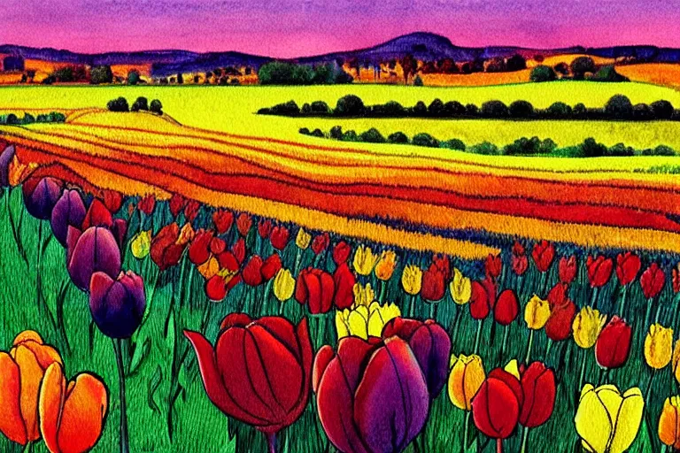 Prompt: painting of a tulip field with rolling hills, watercolour by wes wilson, victor moscoso, robert crumb, peter max, william finn, martin sharp