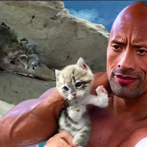 Image similar to dwayne johnson saving a kitten from a shark