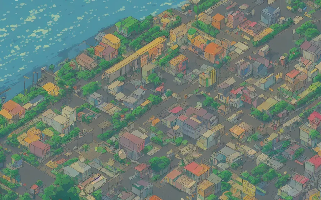 Image similar to a japanese city near the sea, lofi, dreamy, moody, very colorful, anime inspiration, ghibli vibe, very pixelart, hd