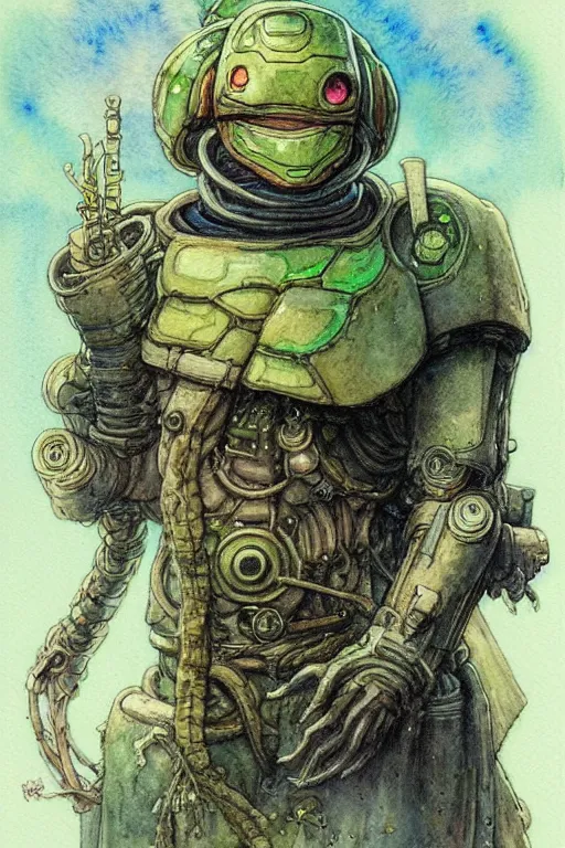 Image similar to a realistic and atmospheric watercolour fantasy character concept art portrait of a mechanized android turtle as a druidic warrior wizard looking at the camera with an intelligent gaze, very muted colors, by rebecca guay, michael kaluta, charles vess and jean moebius giraud