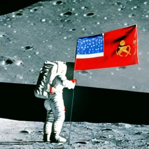Prompt: ussr astronaut planting a flag on the moon