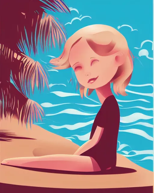 Image similar to a little girl sit beach. clean cel shaded vector art. illustration art by lois van baarle