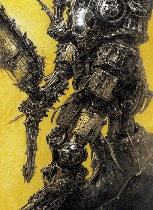 Image similar to dynamic portrait of a intricate glorious holy mechanical warforged character in yellow armor holding a paladin engraved great longsword and carrying a big paladin shield, spotlight from face , epic , trending on ArtStation, masterpiece, cinematic lighting, by Jesper Ejsing and by Philippe Druillet and by Yoann Lossel and by John Salminen