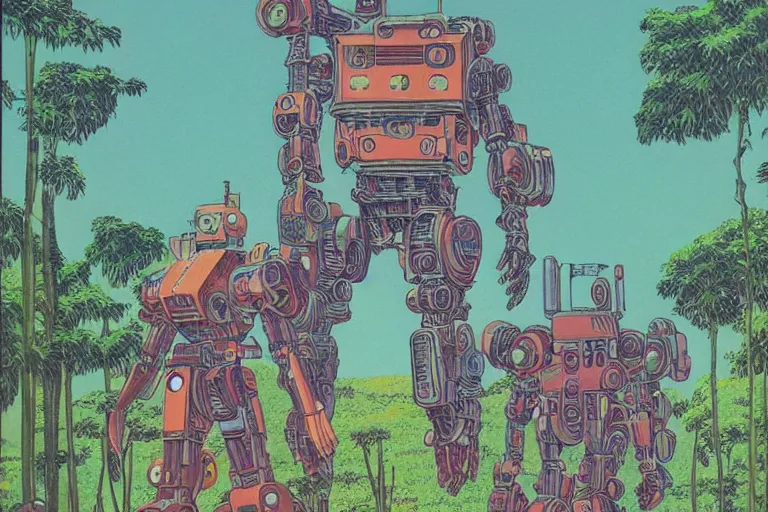 Image similar to gigantic man head, a lot of exotic vegetation around, trees, tremendous mecha robot, flowers, risograph!, oldschool vintage sci - fi flat surreal design, super - detailed, painting by moebius and jodorowski