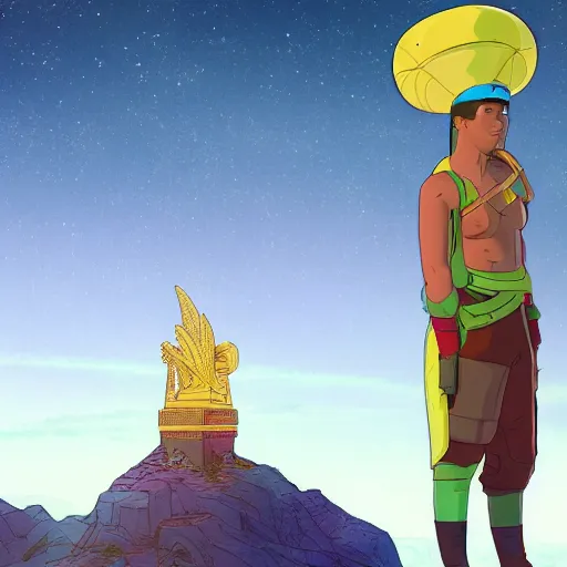 Prompt: a young mixed race male explorer wearing a futuristic headpiece who is standing on top of a giant head of a statue in the style of max prentis and moebius and murton.arts, highly detailed, 8k wallpaper, adventure time colour palette