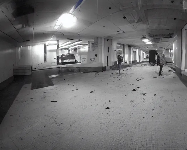 Image similar to camera footage of a Darpa Robot hunting in an abandoned shopping mall, high exposure, dark, monochrome, camera, grainy, CCTV, security camera footage, timestamp, zoomed in, fish-eye lense, Robot, Drone, Intense, Darpa,