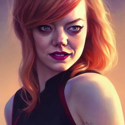 Image similar to beautiful Emma Stone as Spider-Gwen, western, closeup, D&D, fantasy, intricate, elegant, highly detailed, digital painting, artstation, concept art, matte, sharp focus, illustration, art by Artgerm and Greg Rutkowski and Alphonse Mucha