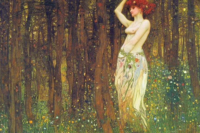 Prompt: dance of fairies in a forest at night, glowing, painting, muted colors, magical, by klimt, by alphonse mucha, by john william waterhouse