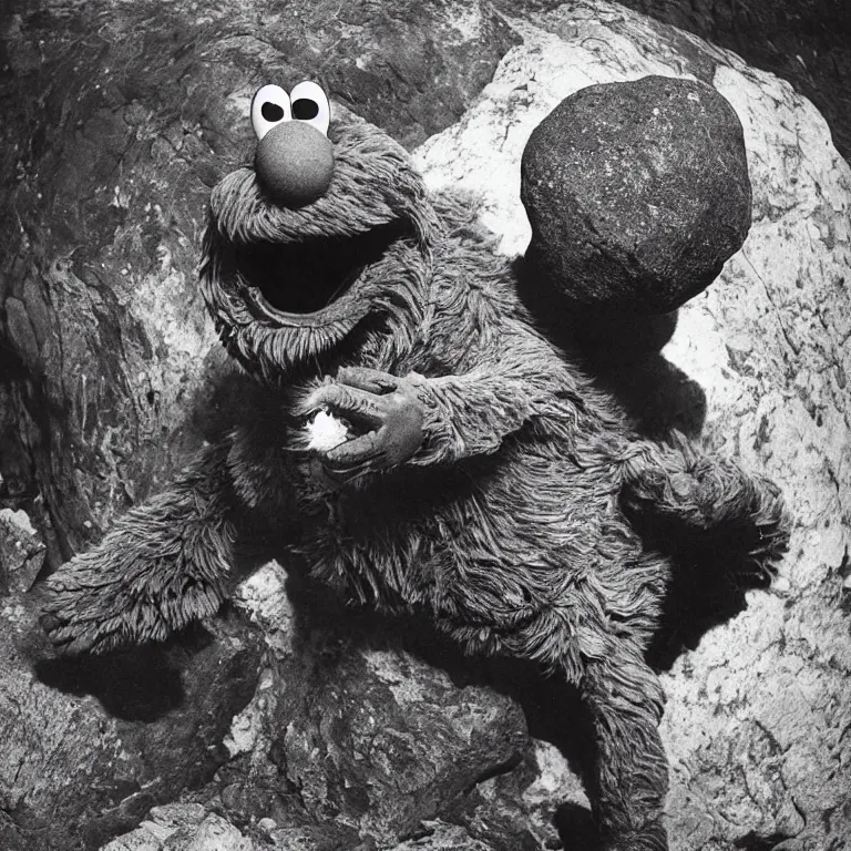 Prompt: Elmo fighting against a rock, photograph