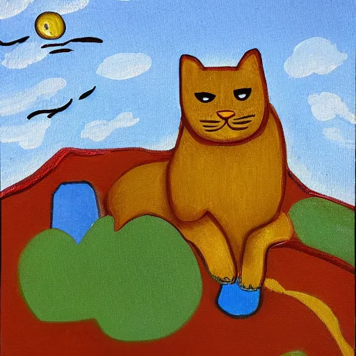 Image similar to golden cat with a black spot on her trunk, an old house with a window over a hill, blue sky, oil painting