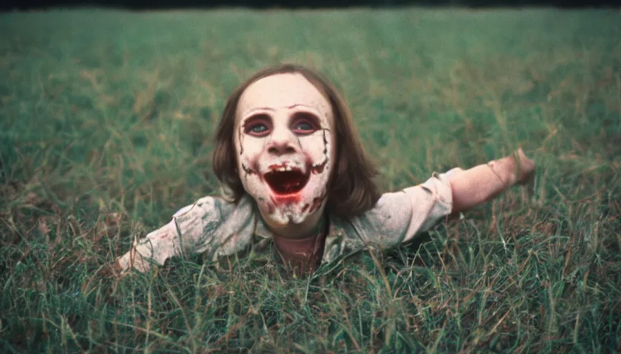 Prompt: 7 0 s film still from a horror movie about a young adult with no teeth in a field, kodachrome, cinecolor, cinestill, film grain, film texture, retro, cinematic, high resolution, photorealism,