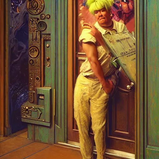 Prompt: portrait of sulley from monsters inc in front of house door. painting by gaston bussiere craig mullins jc leyendecker gustav klimt artgerm greg rutkowski john berkey, bergey, craig mullins, ruan jia, raymond swanland, tom lovell