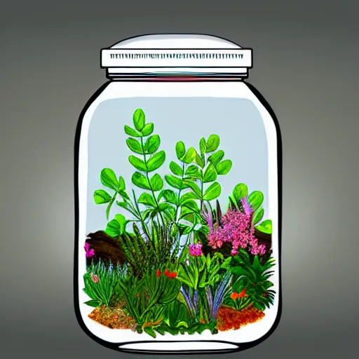 Prompt: a jar with a variety of beautiful plants inside, digital art, awards winning