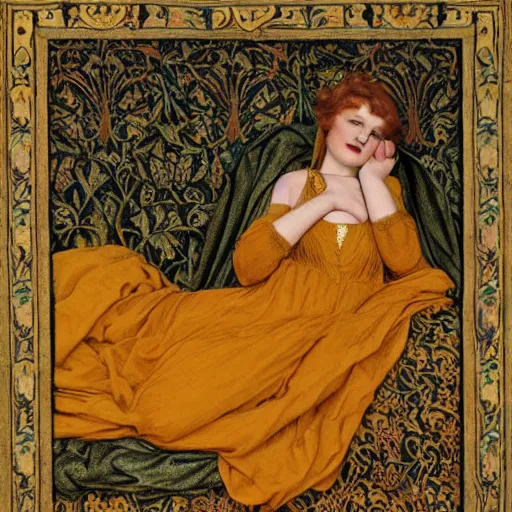 Image similar to preraphaelite photography reclining on bed, a hybrid of judy garland and lady gaga, aged 2 5, big brown fringe, yellow ochre ornate medieval dress, william morris, 4 k