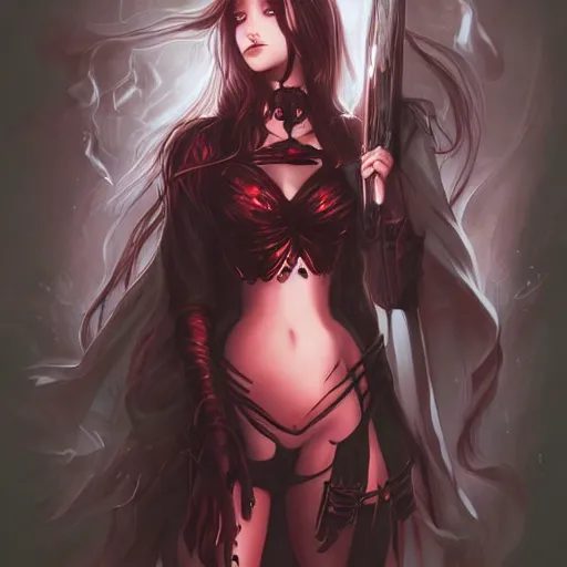 Image similar to princess of darkness, style of artgerm comic, piercing eyes, long glowing red hair, waterhouse, character art, matte