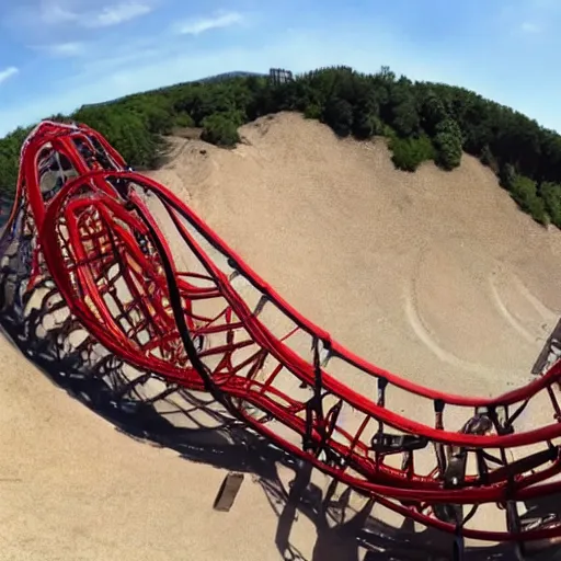 Image similar to front row go pro footage of a rollercoaster with an upcoming broken section of track