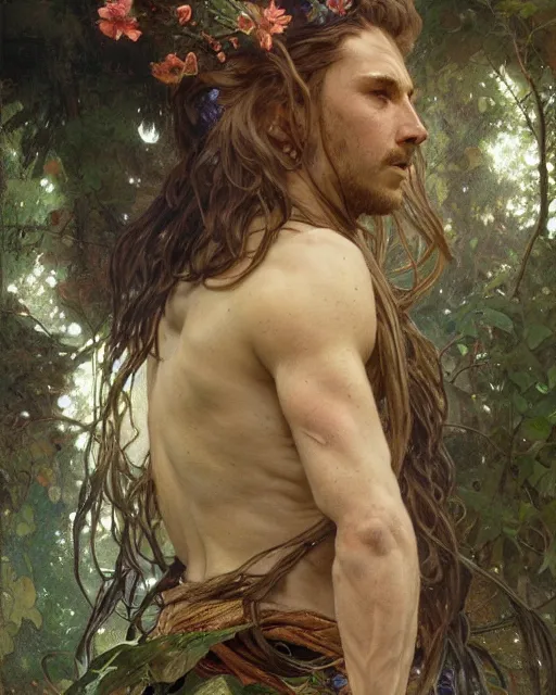 Prompt: god of the forest, 3 0 years old, rugged, male, gorgeous, detailed face, amazing, flowers, muscular, intricate, highly detailed, digital painting, artstation, concept art, sharp focus, illustration, art by gaston bussiere greg rutkowski alphonse mucha