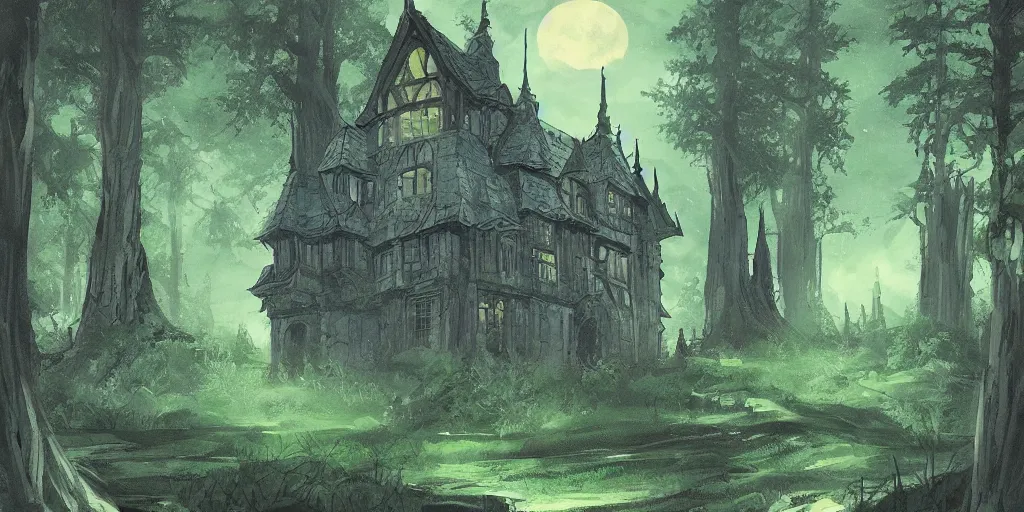 Image similar to manor in the middle of the forest, at night, medieval!!!!, green, dark blue!!!!, bright, artstation, detailled, manga!!!, fantasy!!!!!!