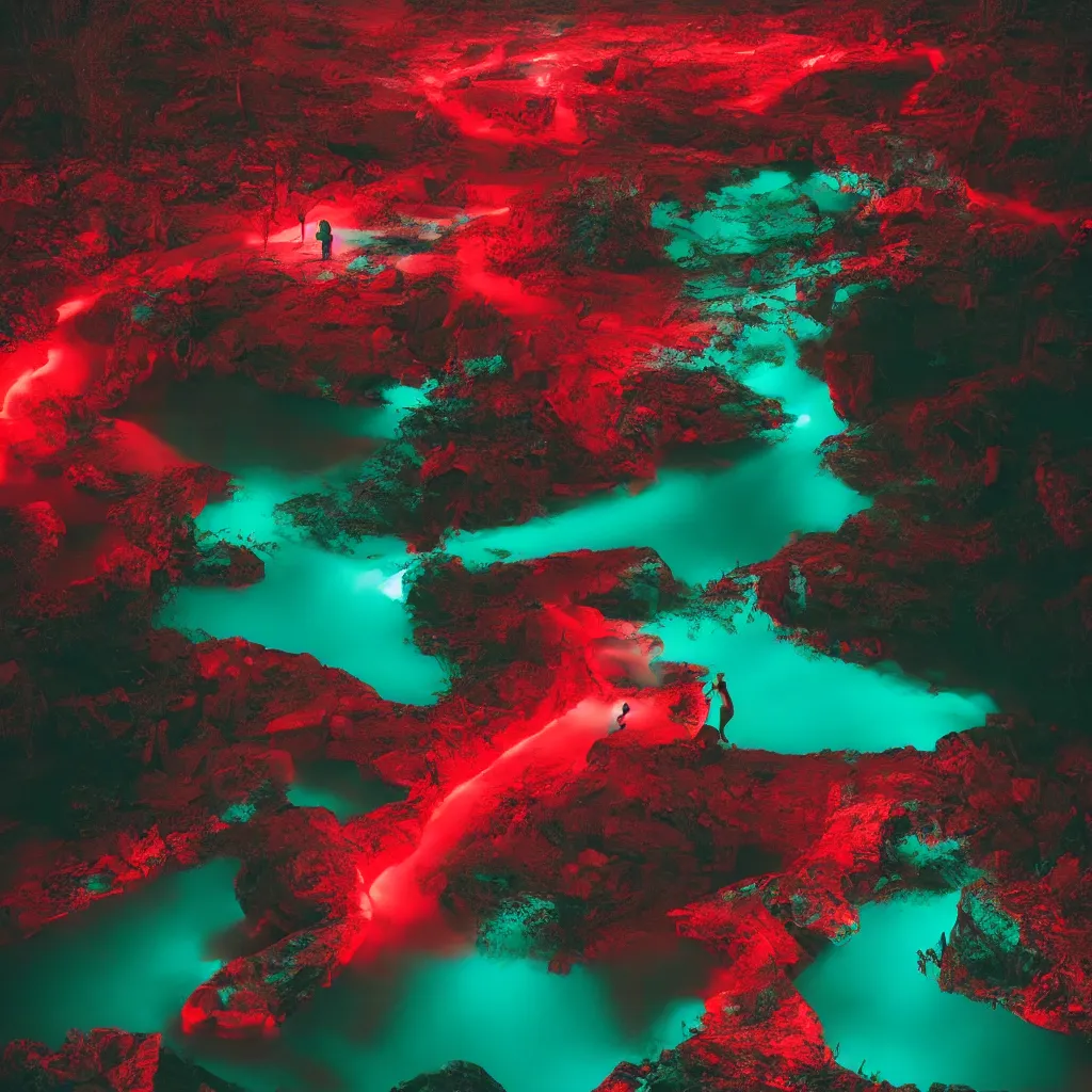 Prompt: rave in the red pond at night, light art, photo by reuben wu, jenni pasanen, epic composition, hd, octane, volumetric lighting, masterpiece,