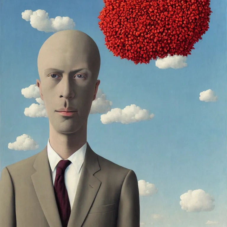 Image similar to portrait of a faceless beautiful flower - head man in a suit, clouds in the background, by rene magritte, detailed painting, distance, middle centered, hd, hq, high resolution, high detail, 4 k, 8 k