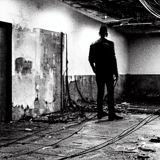 Image similar to a man in black in leather, watching a black hole forming in the grimy grungy basement of an abandoned apartment block, wires, cables, grainy black and white photography