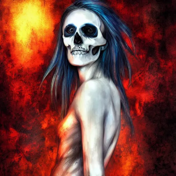Image similar to Morrigan, cinematic flavor, rich decaying colors!, digital painting, skull liminal void background, a real picture taken by skull