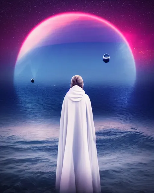 Prompt: a person wearing a white cloak that's blowing in the wind. they are standing in the water. a large planet with rings is visible in the sky. an album cover by stanley twardowicz, trending on cg society, retrofuturism, retrowave, chillwave, synthwave