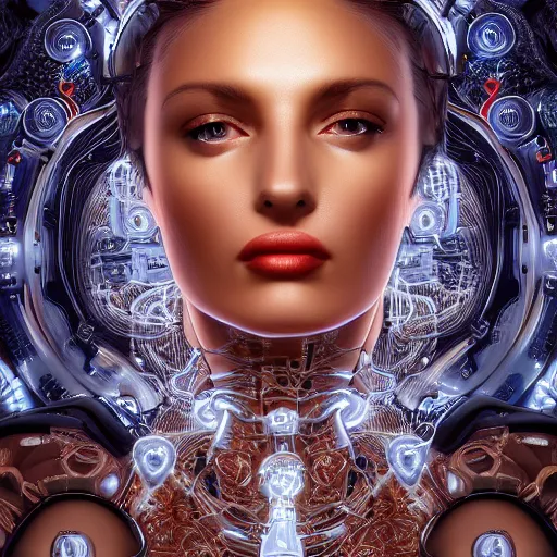 Image similar to very beautiful woman integrating with technology, full face frontal centered, portrait, insipiring, detailed intricate ornate cables connected to head, big open electric eyes, luxurious detailed abundent wiring and implants, diamonds, sci-fi, neon, emeralds, detailed technology full background, highly detailed, artstation, Rene Lalique and Eddie Mendoza and Gil Elvgren