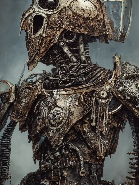 Image similar to portrait art of 8k ultra realistic undead knight, detailed intricate ornate armour,decaying, cybernetic, full of colour, cinematic lighting, battered, trending on artstation, 4k, hyperrealistic, focused, extreme details,unreal engine 5, cinematic, masterpiece, art by ayami kojima, giger