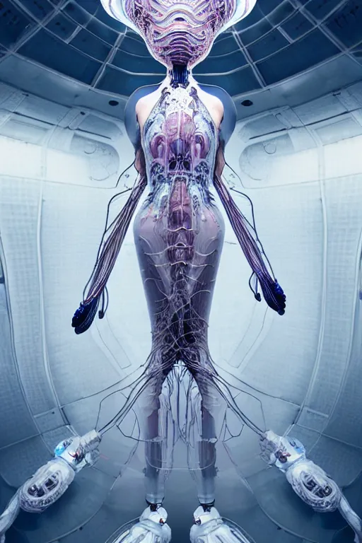 Image similar to background space station, baroque inflateble dress iris van herpen positing on floor, white helmet on face, perfect symmetrical, full body shot, inflateble shapes, wires, tubes, veins, jellyfish, white biomechanical details, wearing epic bionic implants, masterpiece, intricate, biopunk, vogue, highly detailed, artstation, concept art