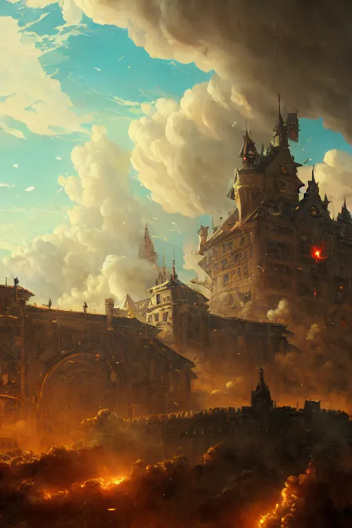 Image similar to baroque oil painting of anime key visual environment concept art of anime rail canon artillery firing over castle walls, smoke debris, grimdark steampunk fantasy, battlefield, trending on artstation, brush strokes, oil on canvas, style of kawacy and makoto shinkai and greg rutkowski and studio ghibli