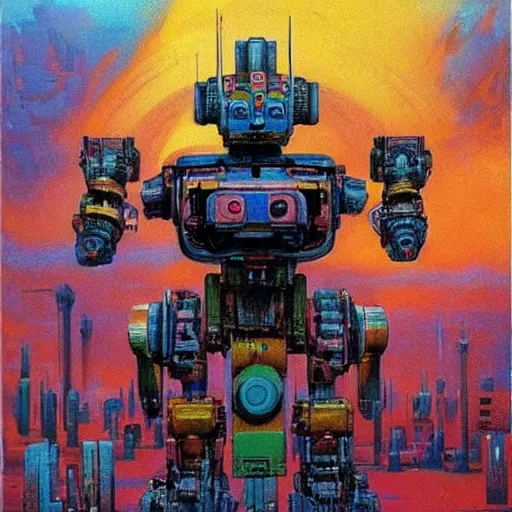 Image similar to colourful mecha robot, art drew struzan, stanley artgem lau & zdzislaw beksinski